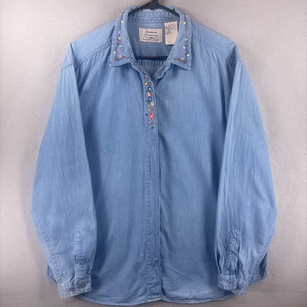 Vintage Northern Treasures Chambray Button Up XL Floral Cottagecore Embroidered - Picture 2 of 14